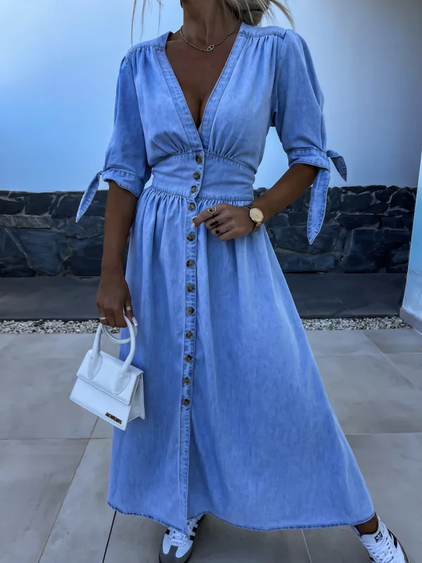 Women Fashion Jeans - فستان جينز أنيق بياقة على شكل