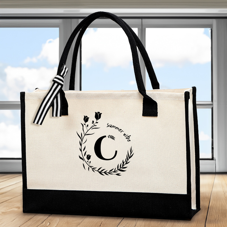 Canvas Tote Bag - حقيبة يد جلدية مطبوعة بأحرف، حقيبة