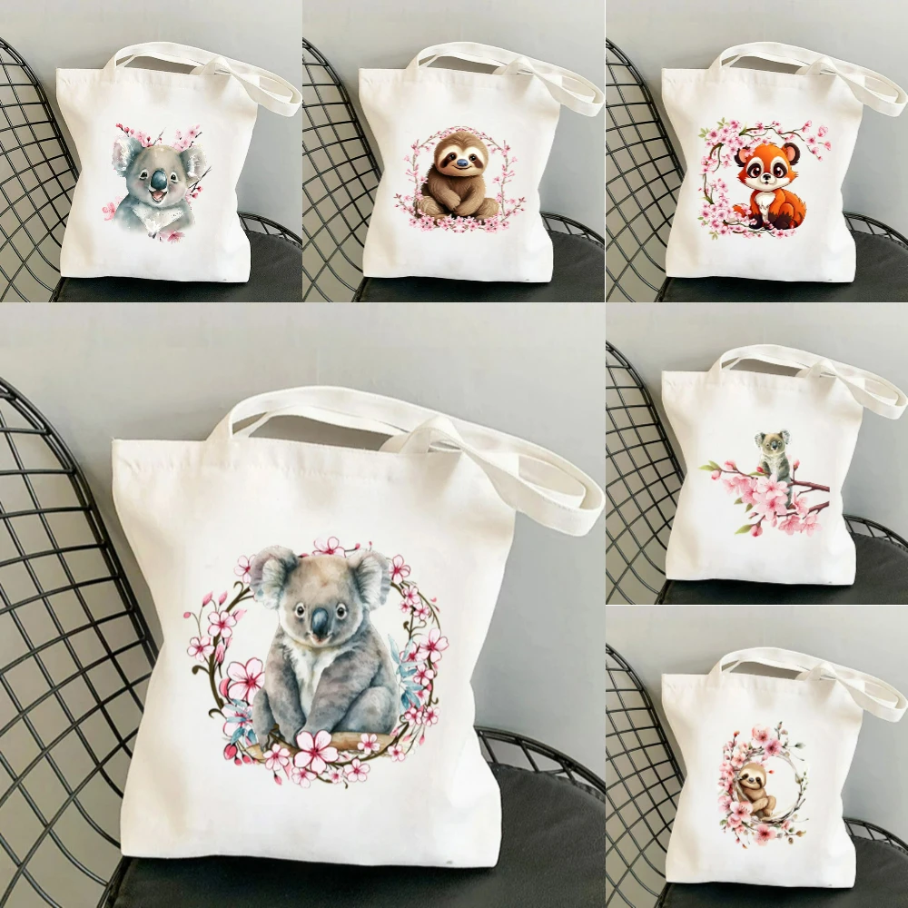 Canvas Tote Bag - حقيبة قماشية مطبوعة بزهور الكرز والكوالا،